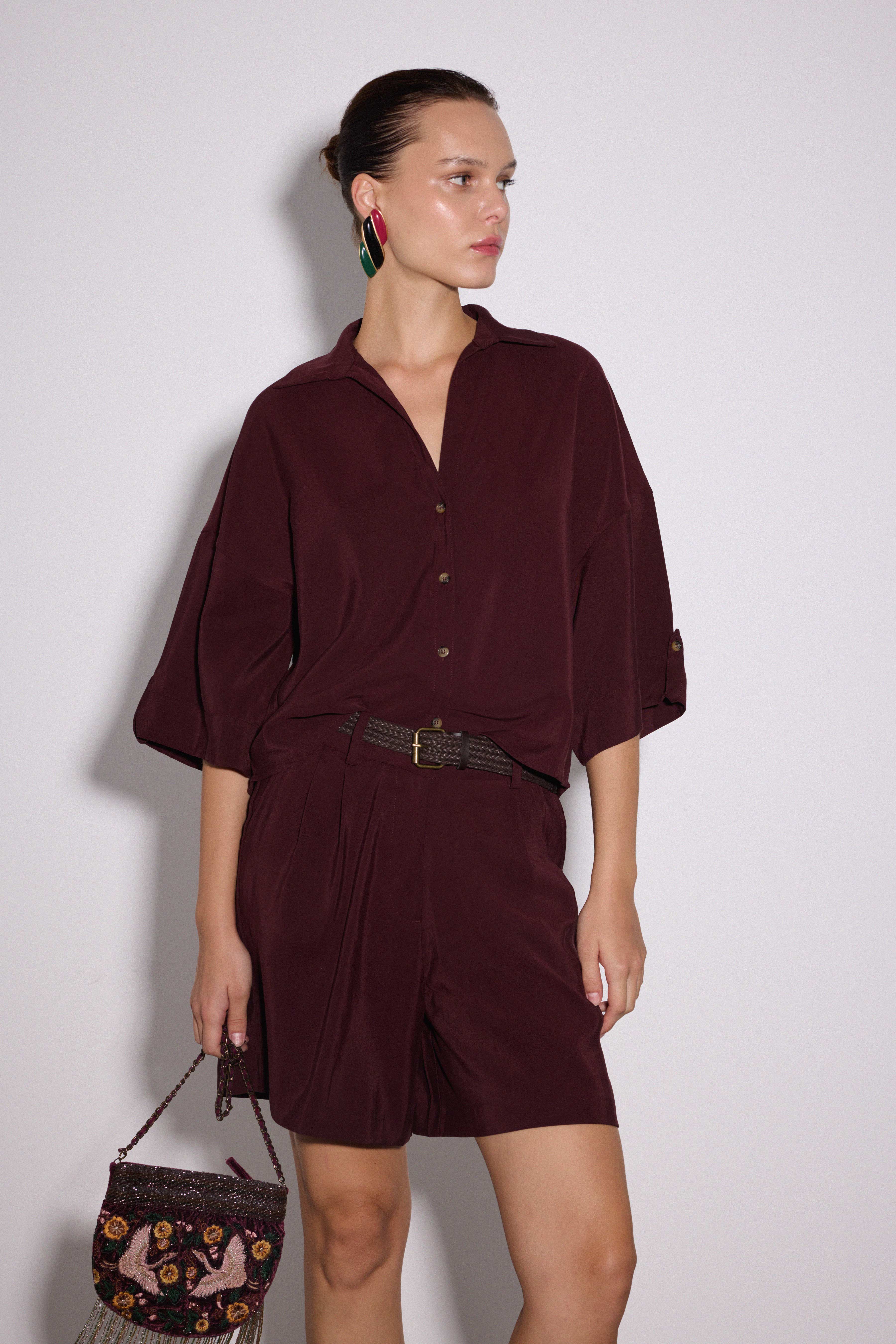 Modal V Yaka Gömlek - BORDO