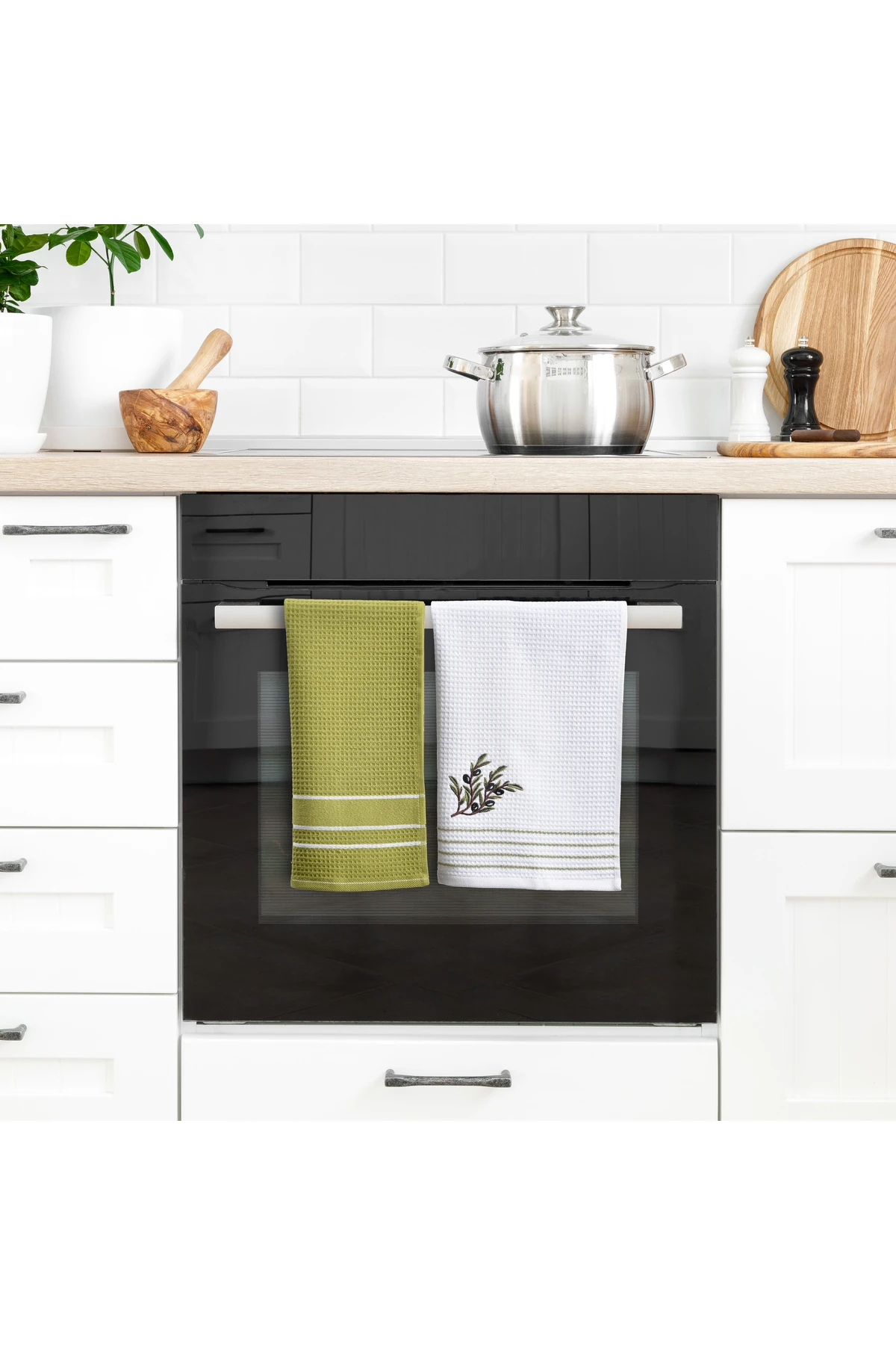 2’li Mutfak Havlusu Beyaz / Yeşil - Zeytin Nakışlı