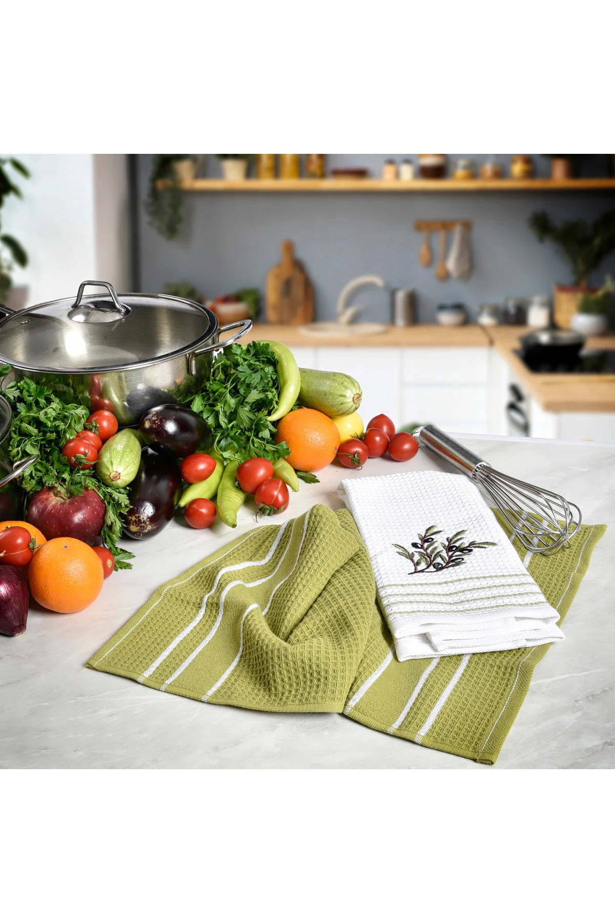 2’li Mutfak Havlusu Beyaz / Yeşil - Zeytin Nakışlı