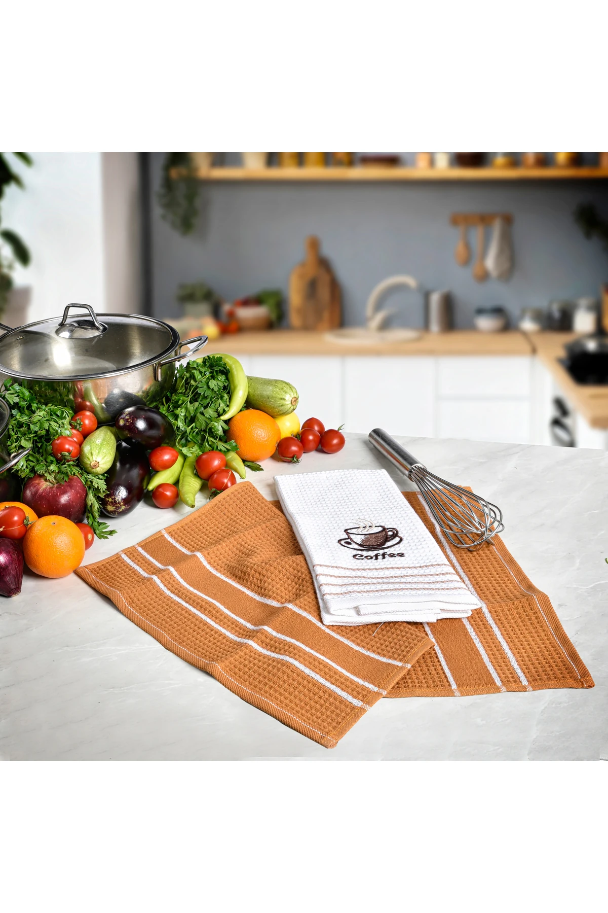 2’li Mutfak Havlusu Beyaz/Kahve - Fincanı Nakışlı