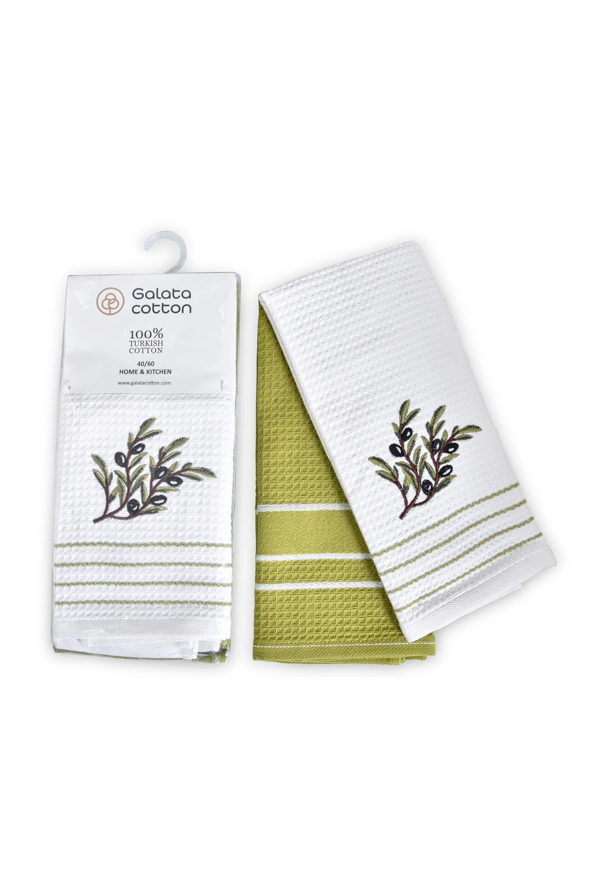 2’li Mutfak Havlusu Beyaz / Yeşil - Zeytin Nakışlı