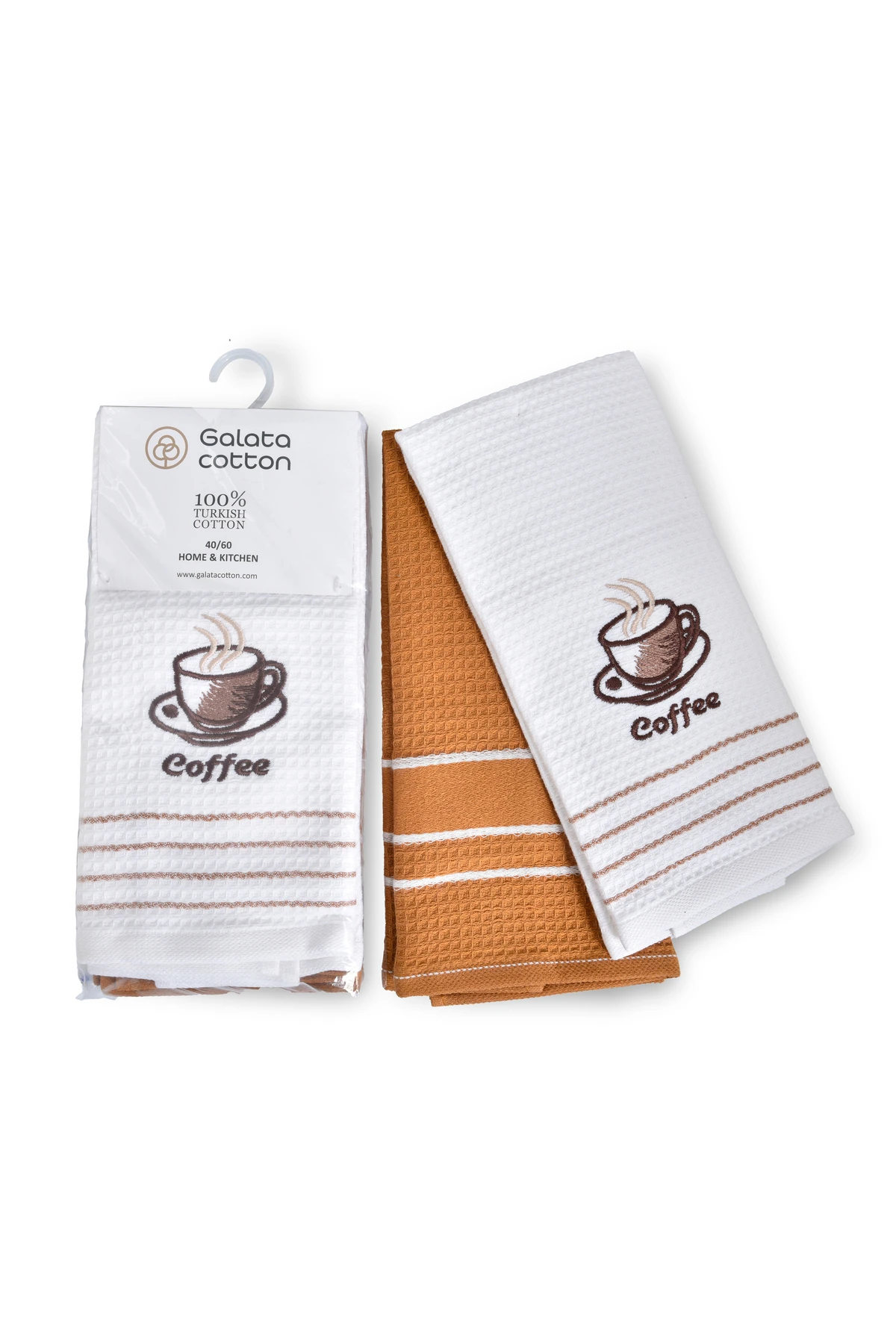 2’li Mutfak Havlusu Beyaz/Kahve - Fincanı Nakışlı