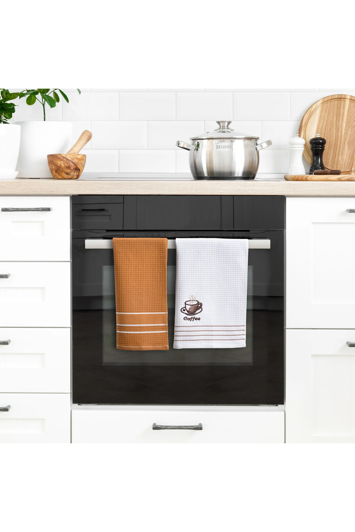 2’li Mutfak Havlusu Beyaz/Kahve - Fincanı Nakışlı