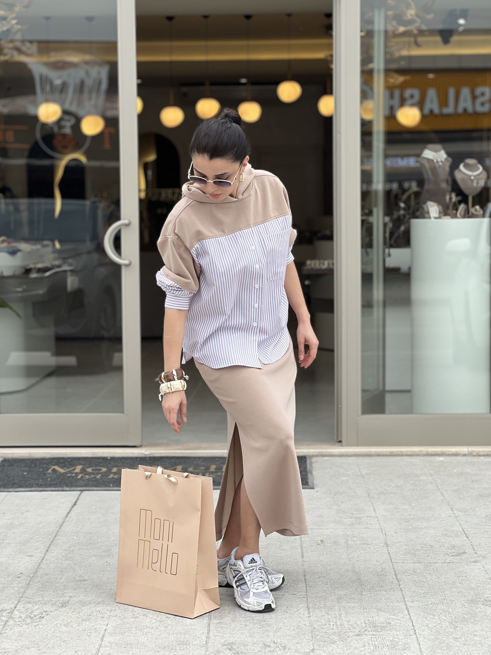 Kapüşonlu Çizgi Mixli Sweatshirt Bej