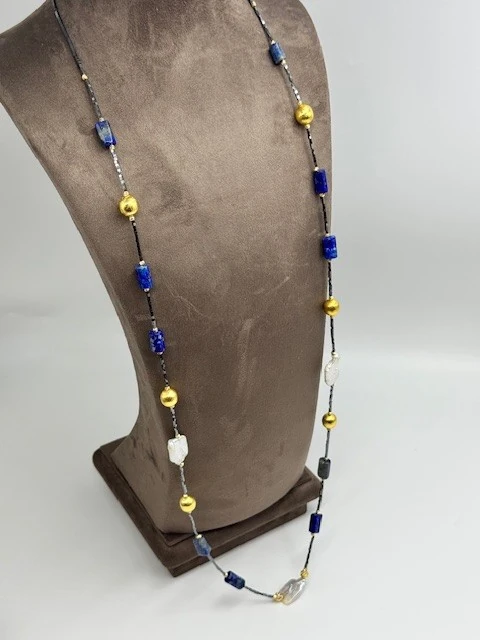 DS-2025675 LACİ İNCİ DETAY UZUN DOĞAL TAŞ KOLYE