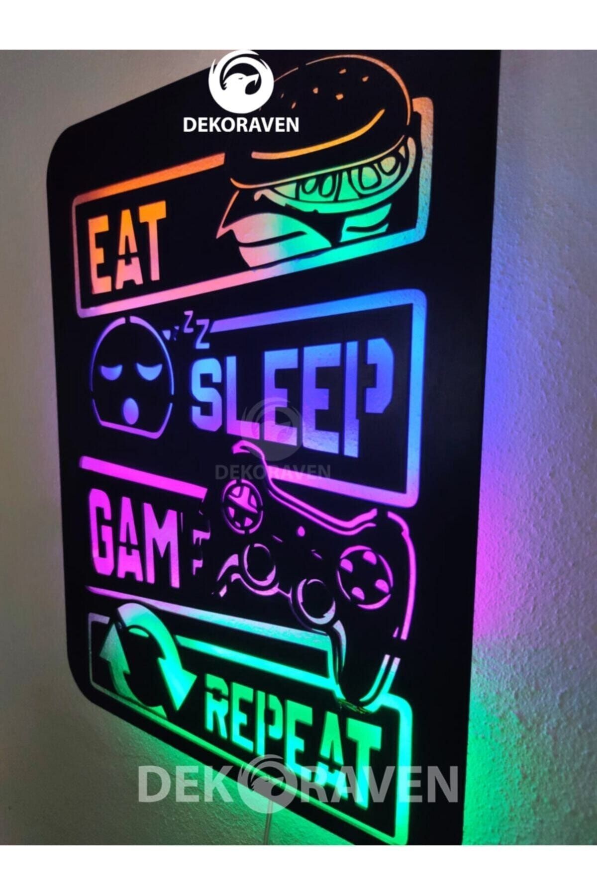 Gamer Led Işıklı Ahşap Tablo -eat Sleep Game Repeat 55x40