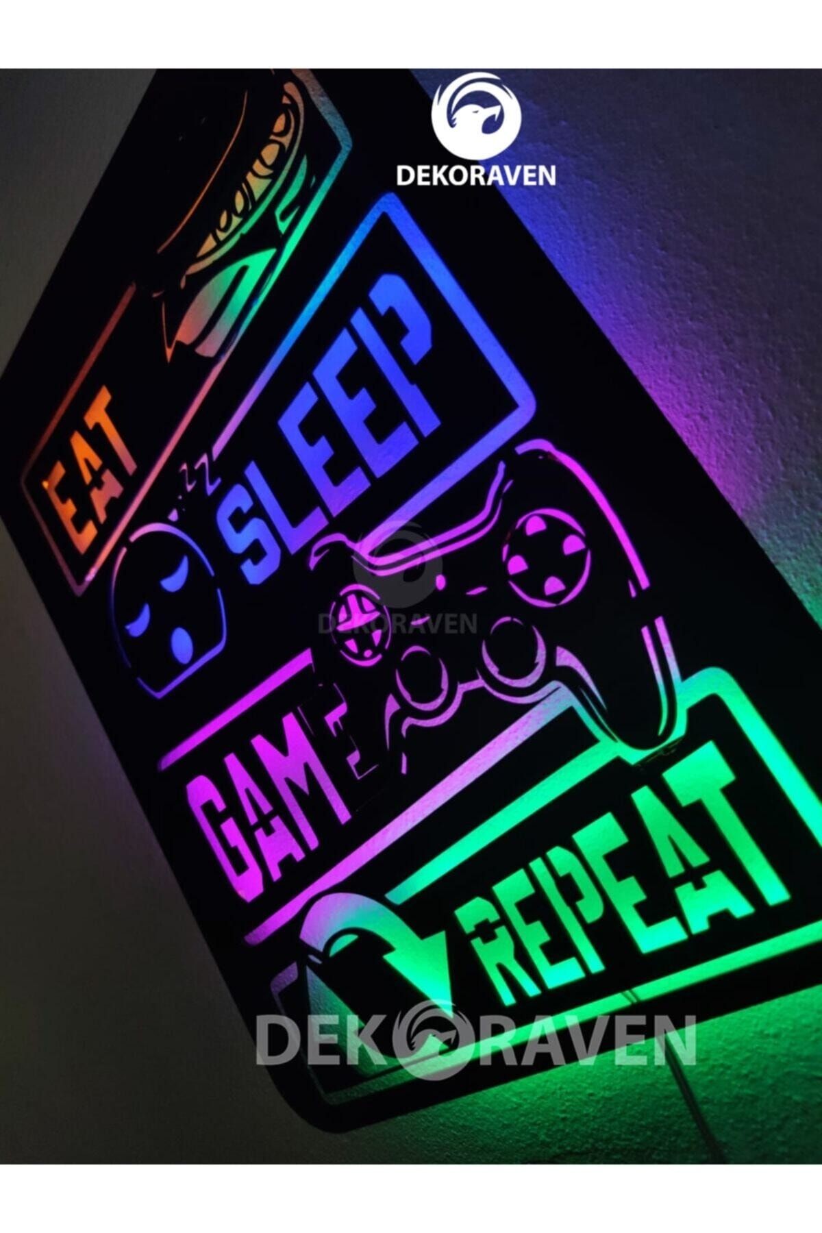 Gamer Led Işıklı Ahşap Tablo -eat Sleep Game Repeat 55x40