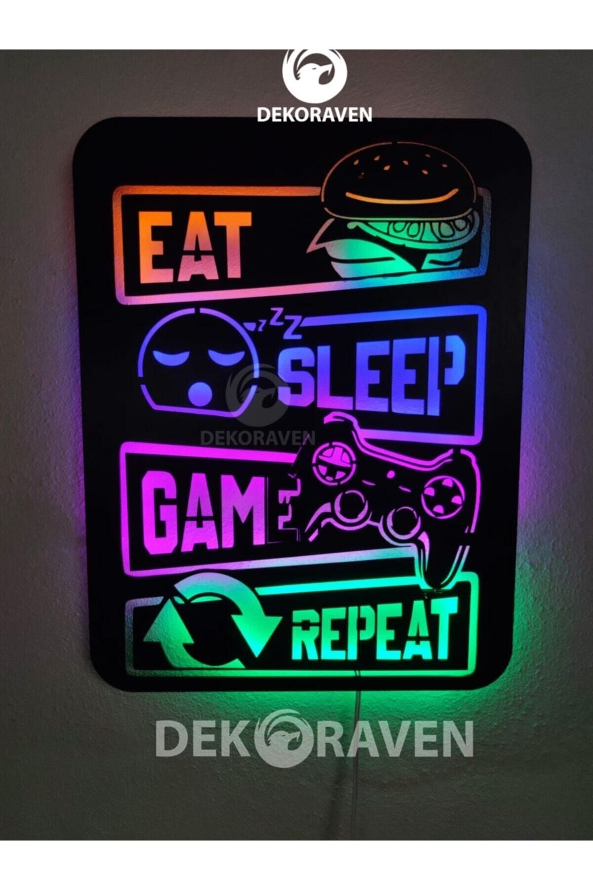 Gamer Led Işıklı Ahşap Tablo -eat Sleep Game Repeat 55x40