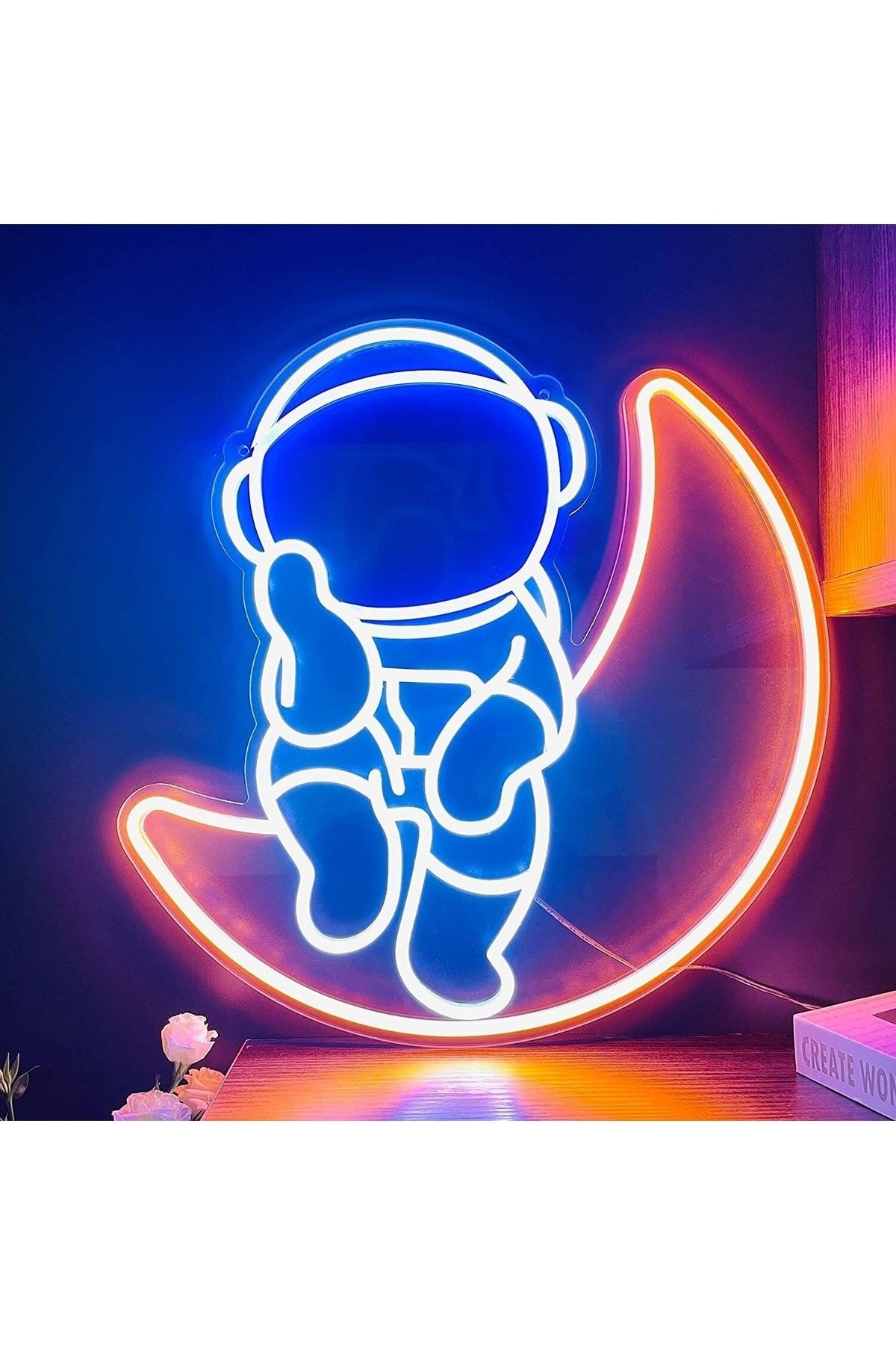 Astronot & Ay Neon Tabela Neon Yazı Dekoratif Aydınlatma