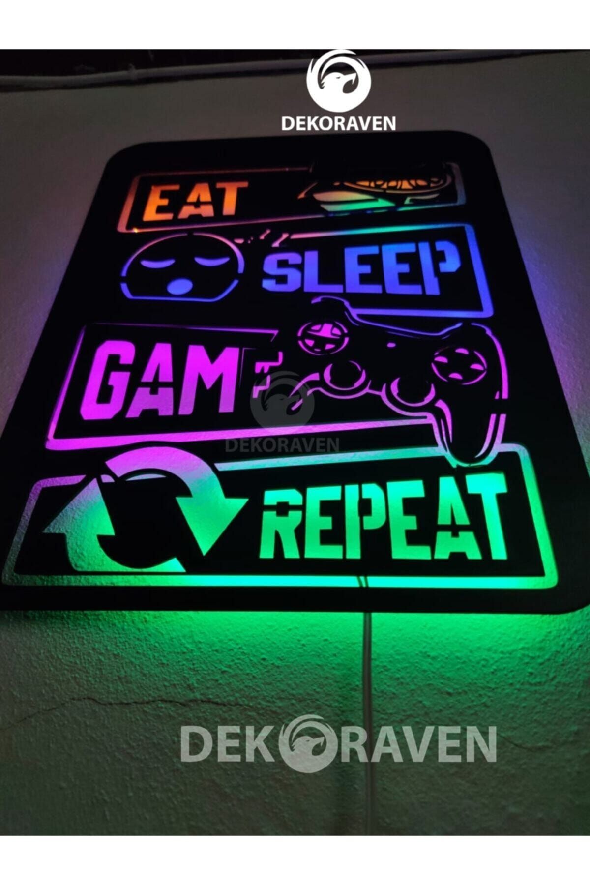 Gamer Led Işıklı Ahşap Tablo -eat Sleep Game Repeat 55x40