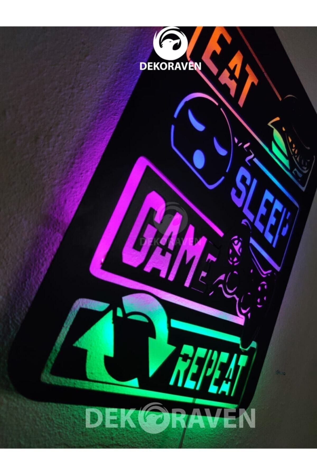 Gamer Led Işıklı Ahşap Tablo -eat Sleep Game Repeat 55x40