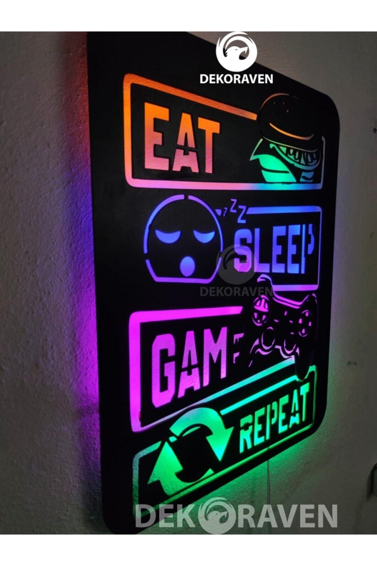 Gamer Led Işıklı Ahşap Tablo -eat Sleep Game Repeat 55x40