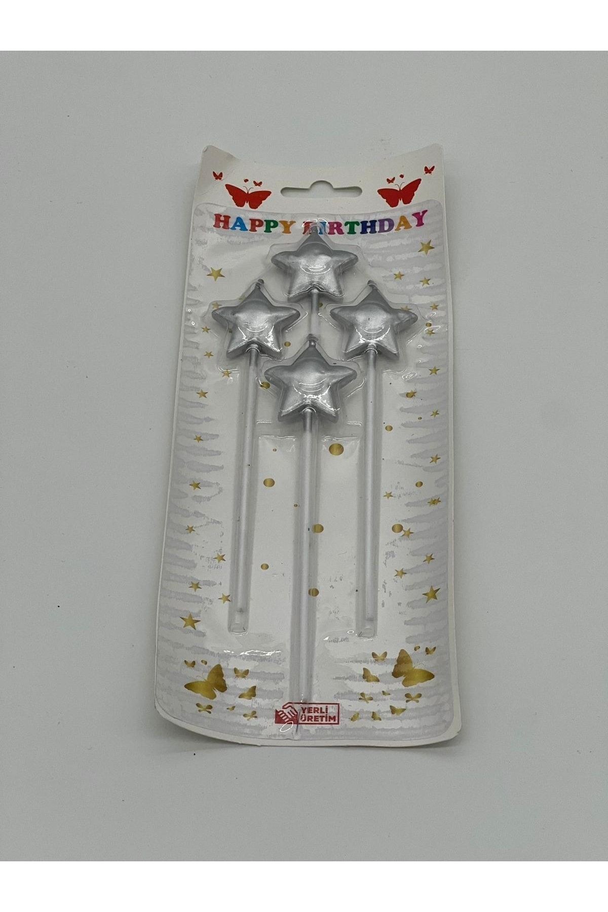 Gümüş Renk Pasta Mumu Yıldız Modeli 4 Lü