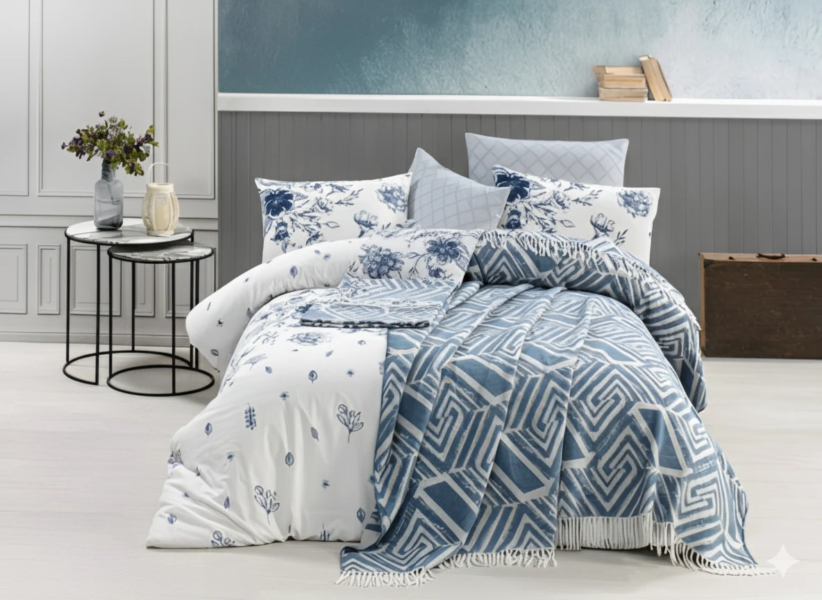 Pamuklu Çift Kişilik Jakarlı Çarşaf ve Battaniye Seti - Onix