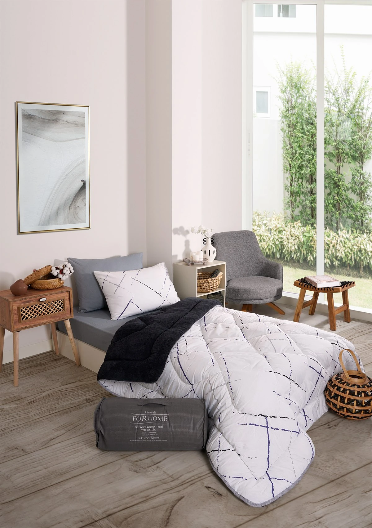 Tek Kişilik Uyku Seti Çift Taraflı Wellsoft Pofuduk Polar Yorgan Yastık Kılıfı ve 100x200 Lastikli Çarşaf - YANSIMA FÜME