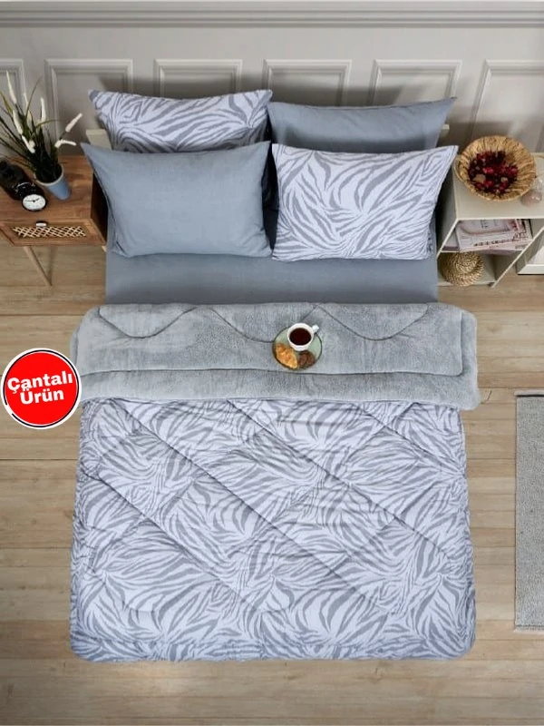 Çift Kişilik Uyku Seti Welsoft Uyku Seti  Çift Taraflı  Lüx Welsoft Yorgan ve  Battal Lastikli Çarşaflı - ZEBRA GRİ