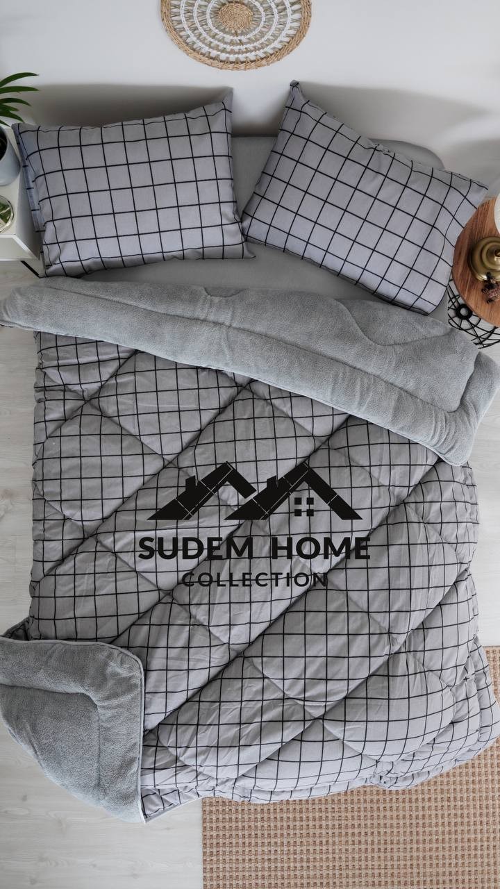 Çift Kişilik Çift Taraflı Welsoft Yorgan ve 2 Yastık Kılıfı Pofuduk Yumuşak Yorgan 195 x 215 cm - Füme kare