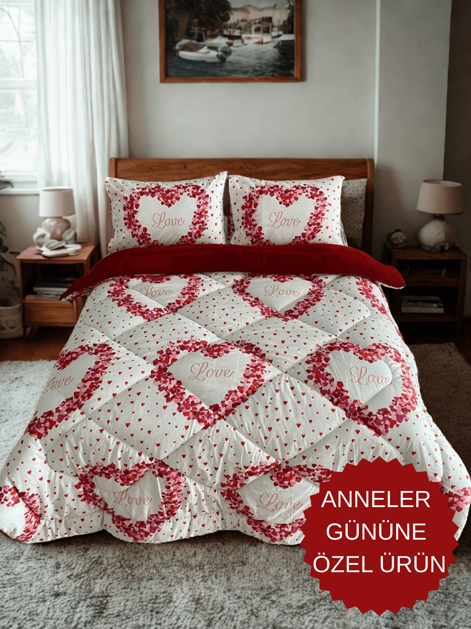Çift Kişilik Çift Taraflı Lüx Welsoft Elit Yorgan - LOVE BORDO
