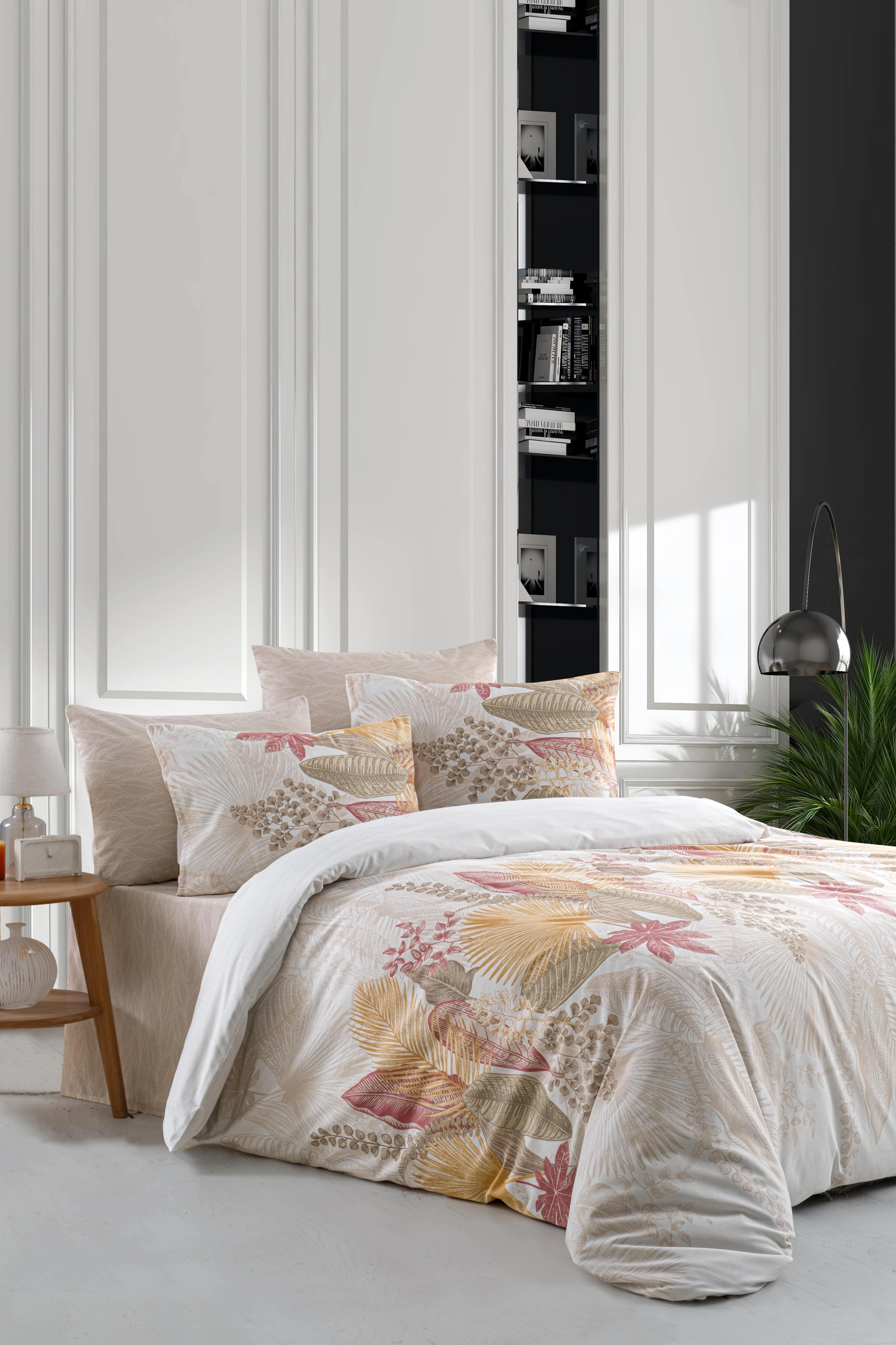 Tek Kişilik Ranforce Pamuklu Lastikli Çarşaflı Nevresim Takımı - Alena Pudra