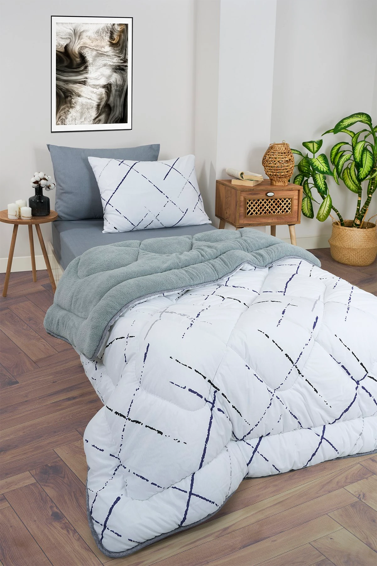 Tek Kişilik Uyku Seti Çift Taraflı Wellsoft Pofuduk Polar Yorgan Yastık Kılıfı ve 100x200 Lastikli Çarşaf - YANSIMA GRİ