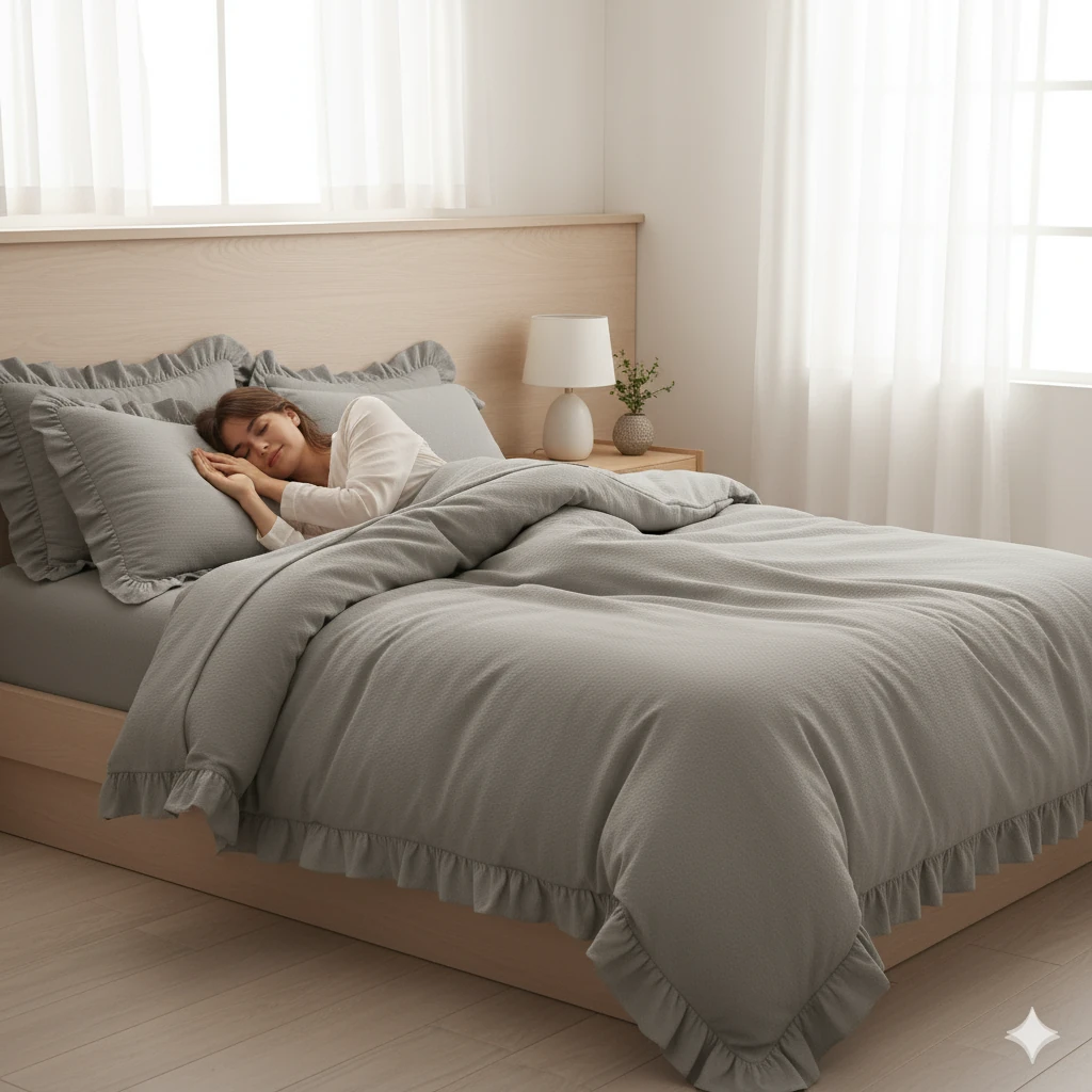 %100 Doğal Pamuk Çift Kişilik Fırfırlı Nevresim Seti 200x220 cm - Taş