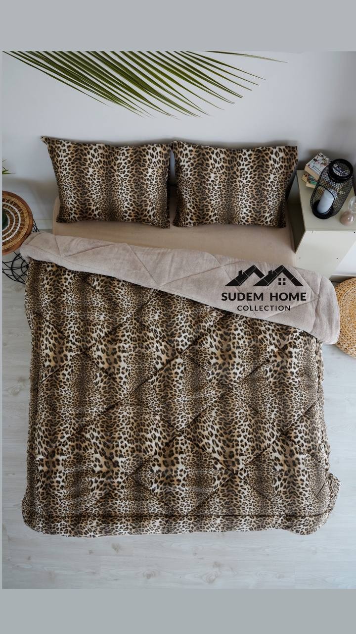Çift Kişilik Çift Taraflı Welsoft Yorgan ve 2 Yastık Kılıfı Pofuduk Yumuşak Yorgan 195 x 215 cm - leopar