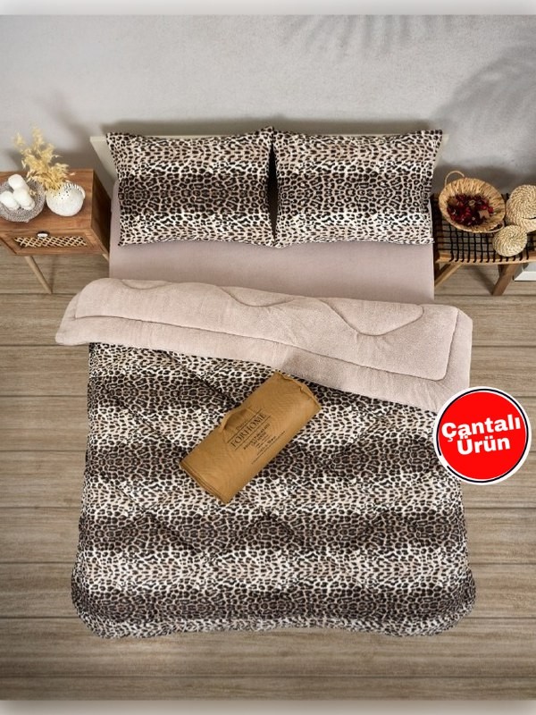 Çift Kişilik Çift Taraflı Lüx Welsoft Elit Yorgan - LEOPAR BEJ