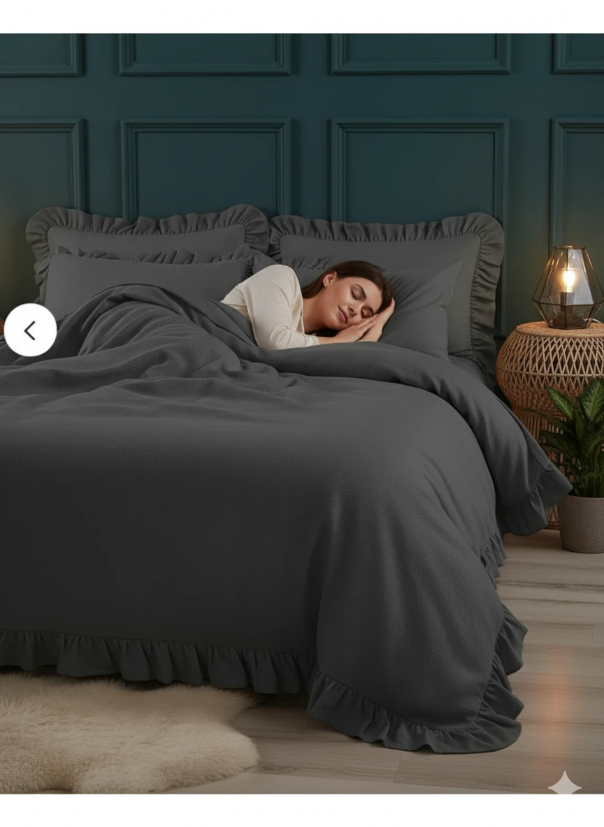 %100 Doğal Pamuk Çift Kişilik Fırfırlı Nevresim Seti 200x220 cm - Antrasit