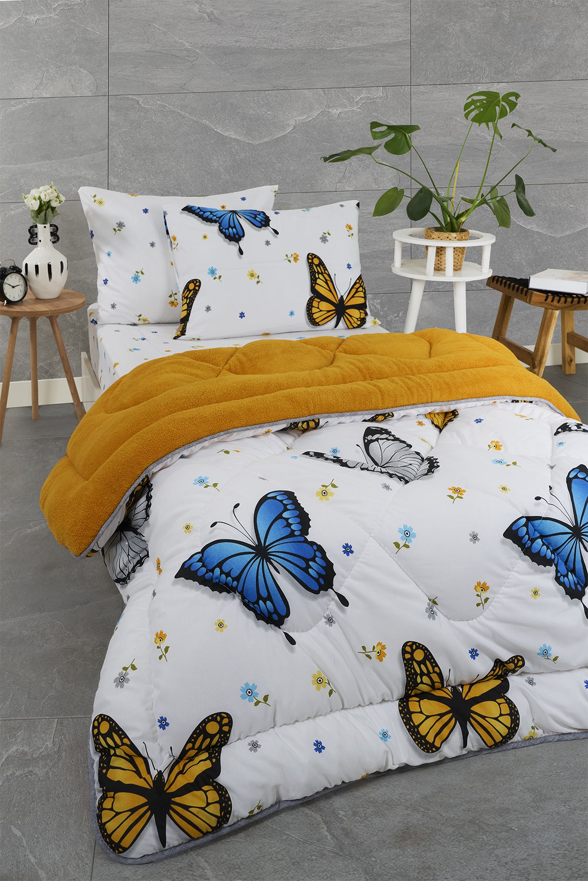 Tek Kişilik Uyku Seti Çift Taraflı Wellsoft Pofuduk Polar Yorgan Yastık Kılıfı ve 100x200 Lastikli Çarşaf - KELEBEK HARDAL