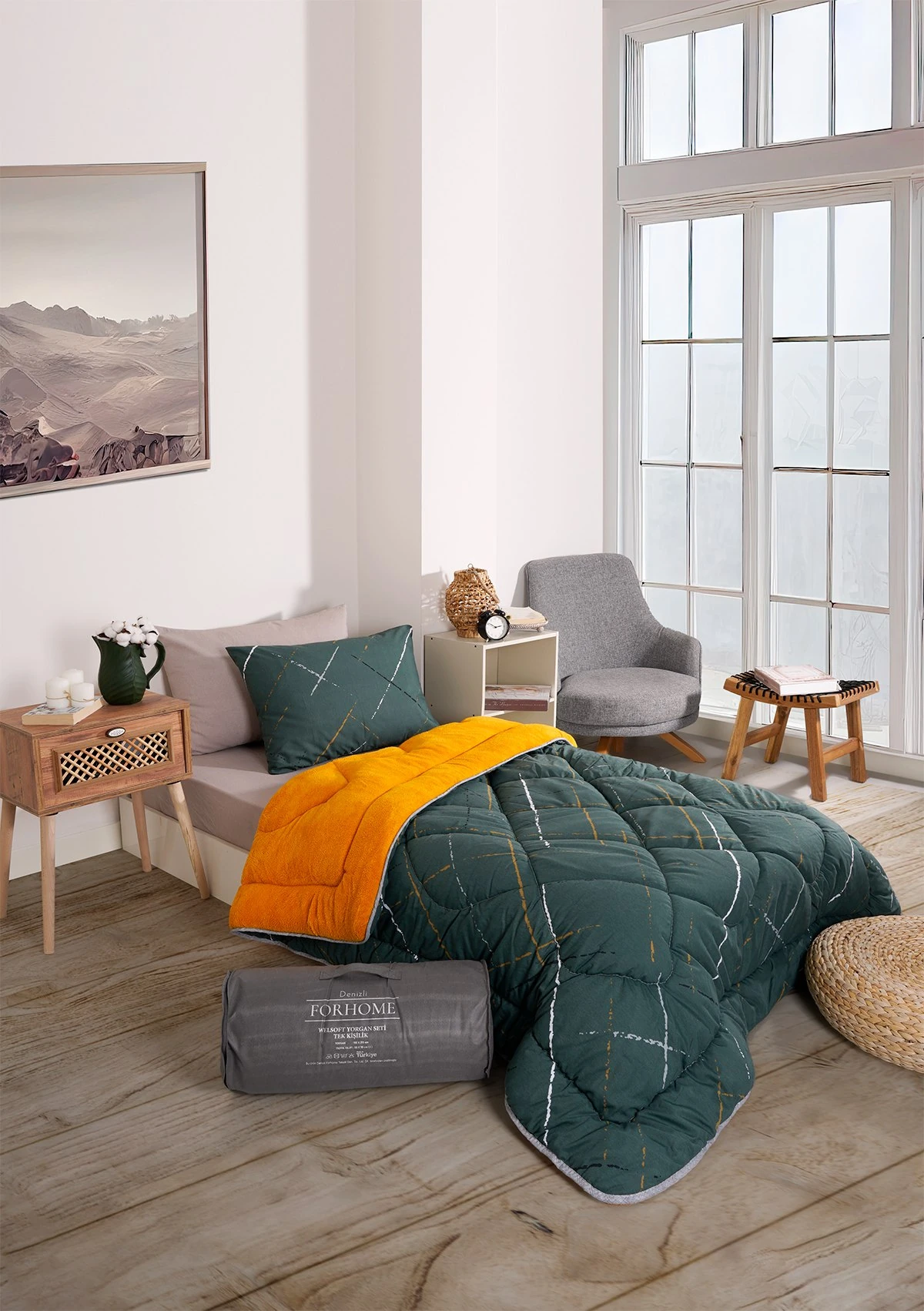 Tek Kişilik Uyku Seti Çift Taraflı Wellsoft Pofuduk Polar Yorgan Yastık Kılıfı ve 100x200 Lastikli Çarşaf - YANSIMA HARDAL