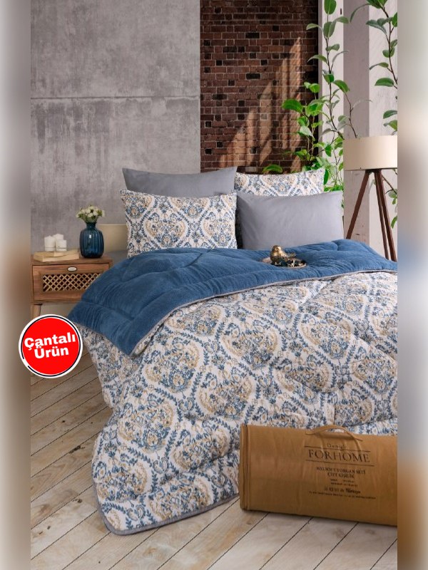 Çift Kişilik Uyku Seti Welsoft Uyku Seti  Çift Taraflı  Lüx Welsoft Yorgan ve  Battal Lastikli Çarşaflı - AKSU İNDİGO