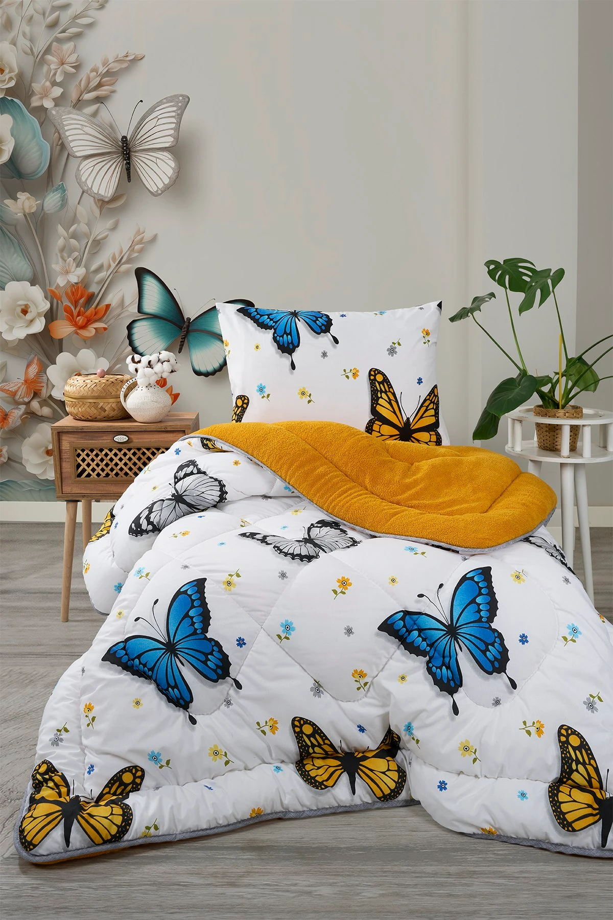Tek Kişilik Yorgan Çift Taraflı Lüx Welsoft  Elit Yorgan Pofuduk Yumuşak Yorgan ve Yastık Kılıfı - KELEBEK HARDAL