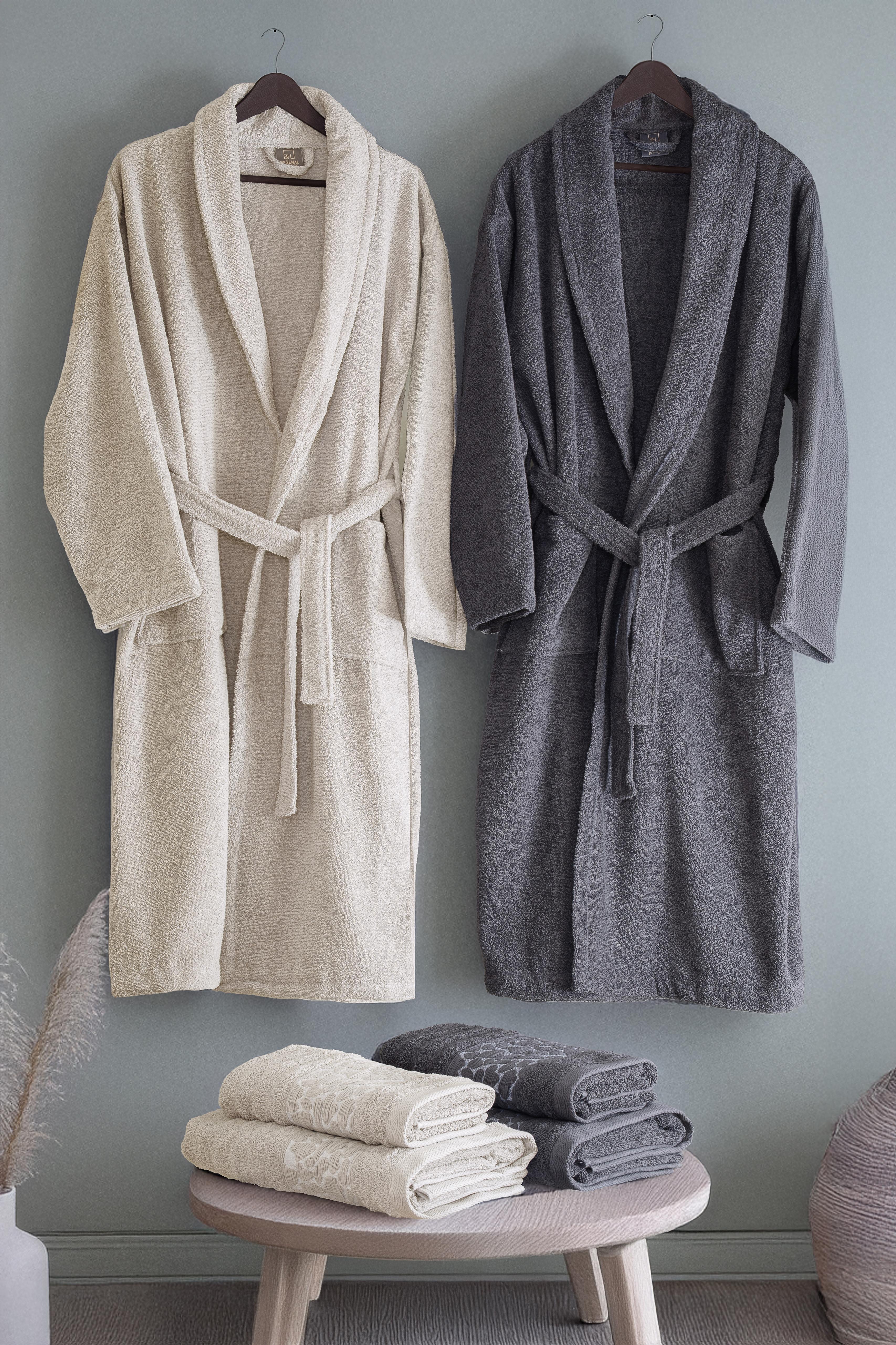 Prestije Jakarlı Taş 6 Parça Aile Bornoz Seti - ANTRASİT-BEJ