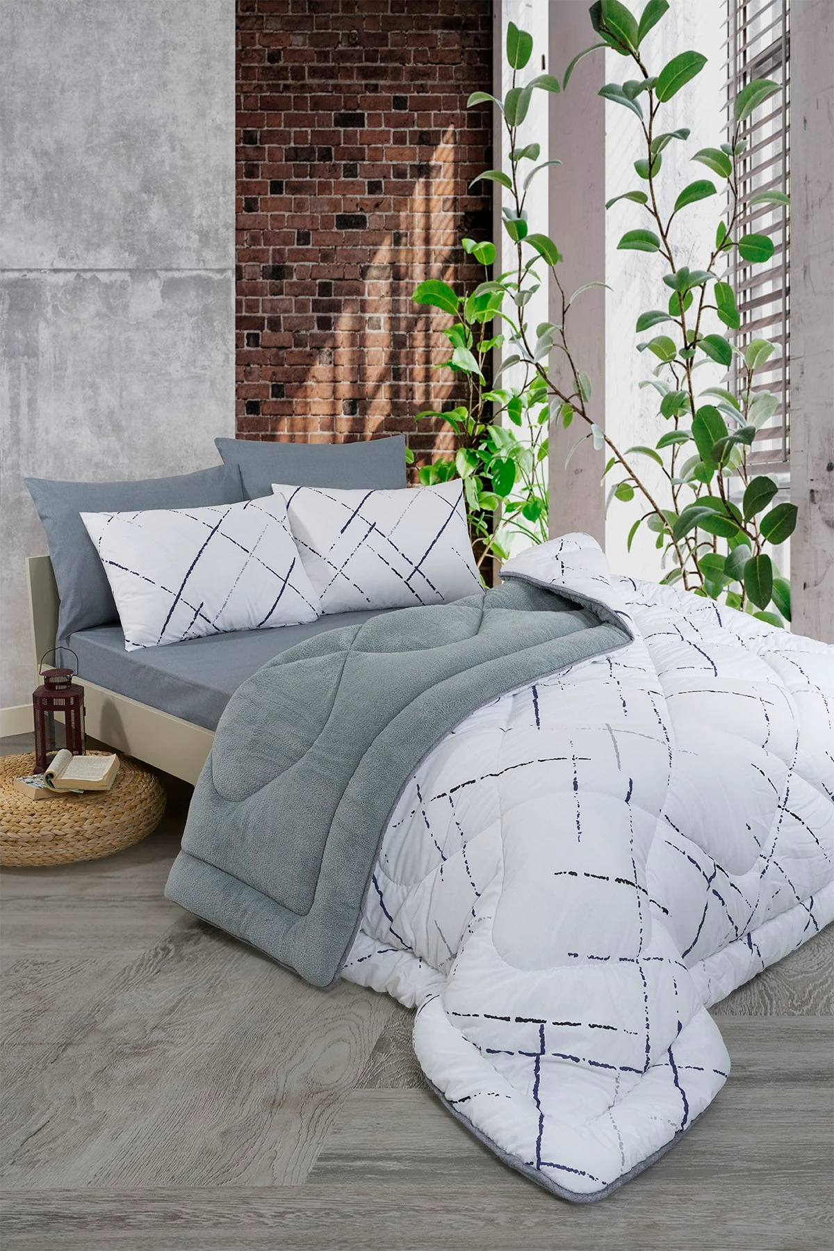 Çift Kişilik Uyku Seti Welsoft Uyku Seti  Çift Taraflı  Lüx Welsoft Yorgan ve  Battal Lastikli Çarşaflı - YANSIMA GRİ