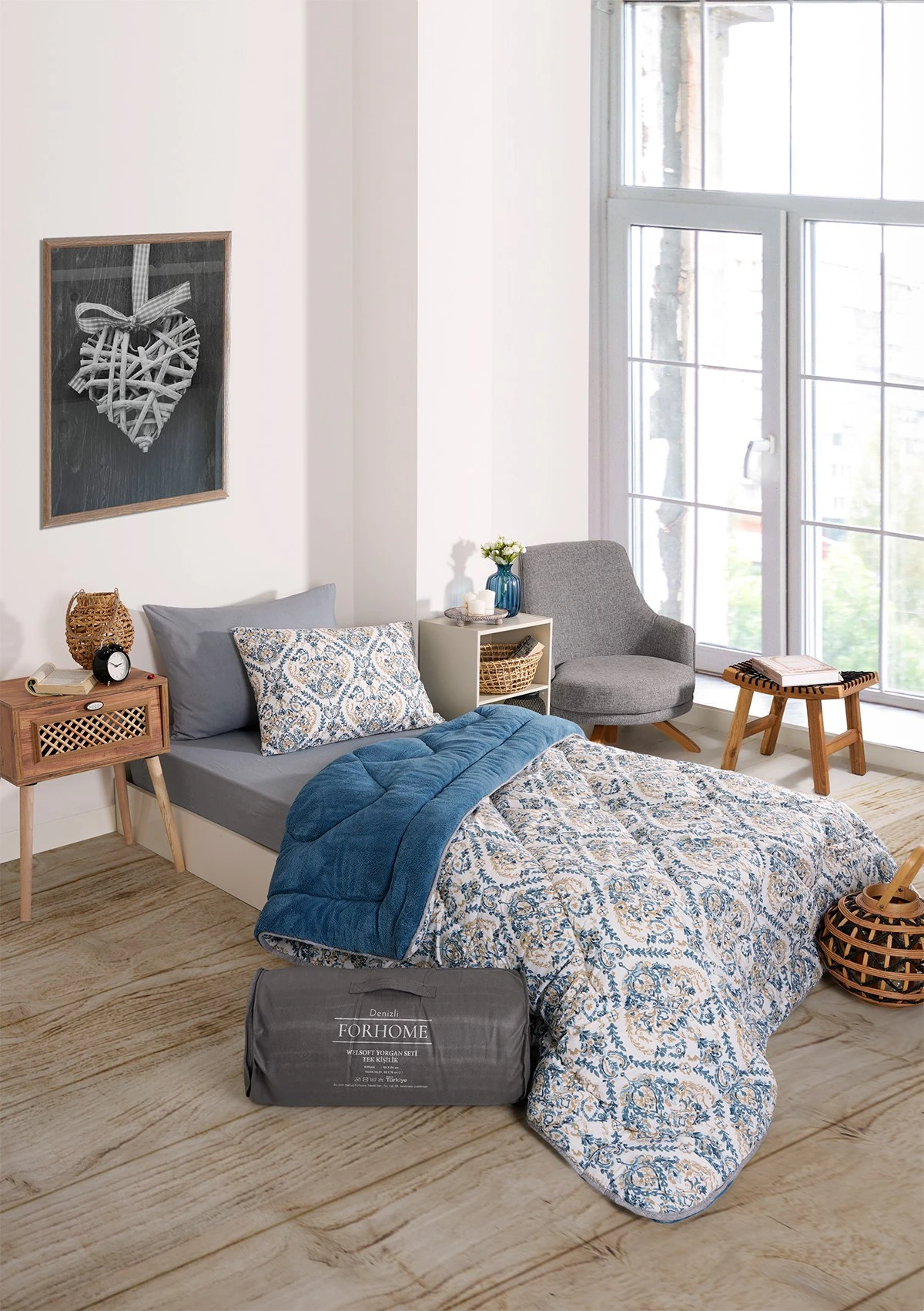 Tek Kişilik Uyku Seti Çift Taraflı Wellsoft Pofuduk Polar Yorgan Yastık Kılıfı ve 100x200 Lastikli Çarşaf - AKSU İNDİGO