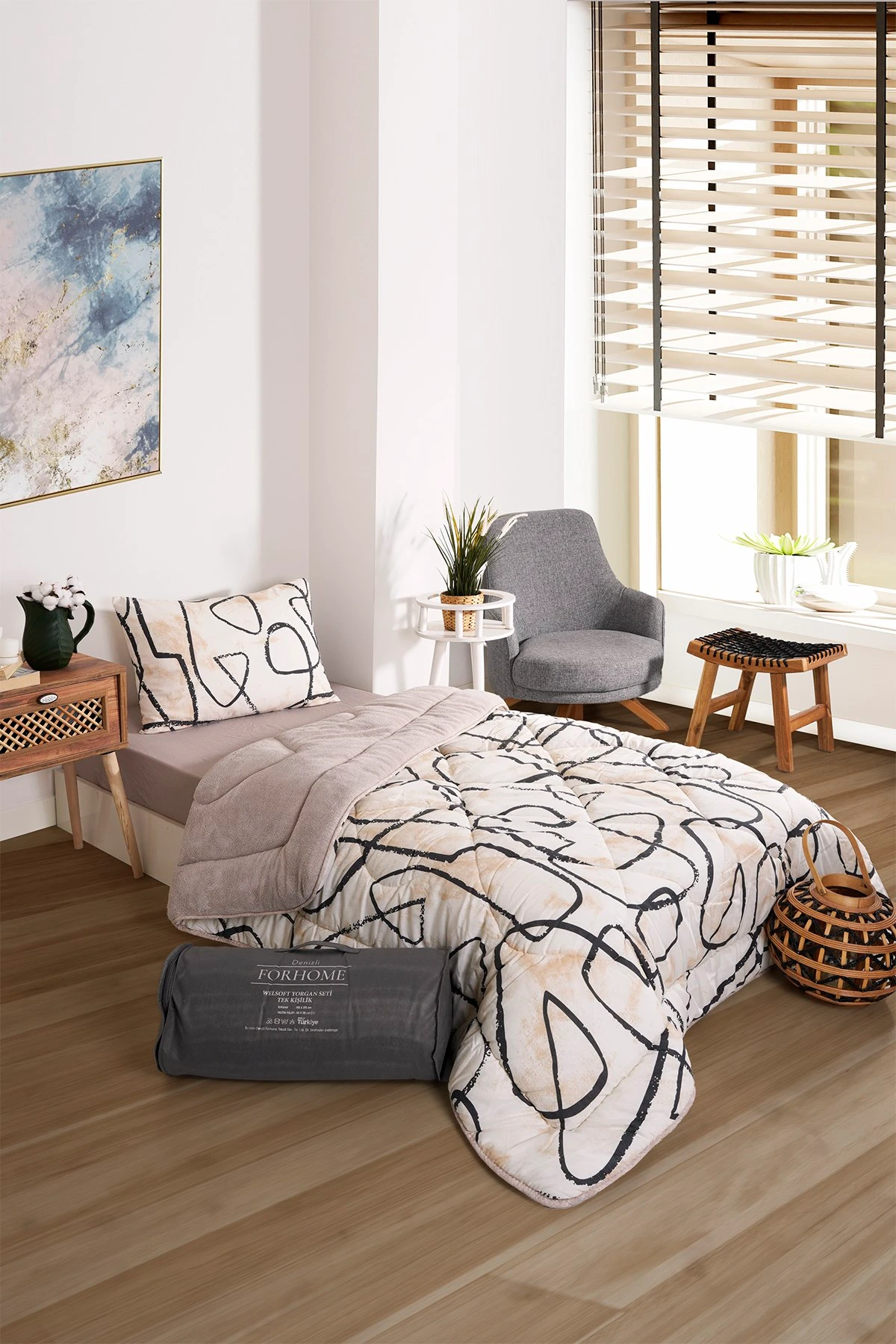 Tek Kişilik Yorgan Çift Taraflı Lüx Welsoft  Elit Yorgan Pofuduk Yumuşak Yorgan ve Yastık Kılıfı - EFEKT BEJ