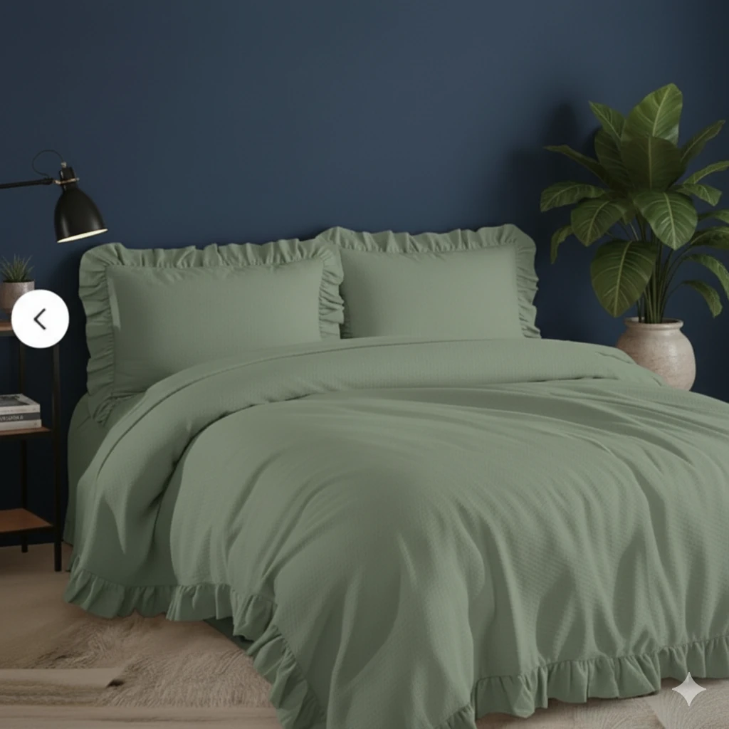 %100 Doğal Pamuk Çift Kişilik Fırfırlı Nevresim Seti 200x220 cm - Yeşil