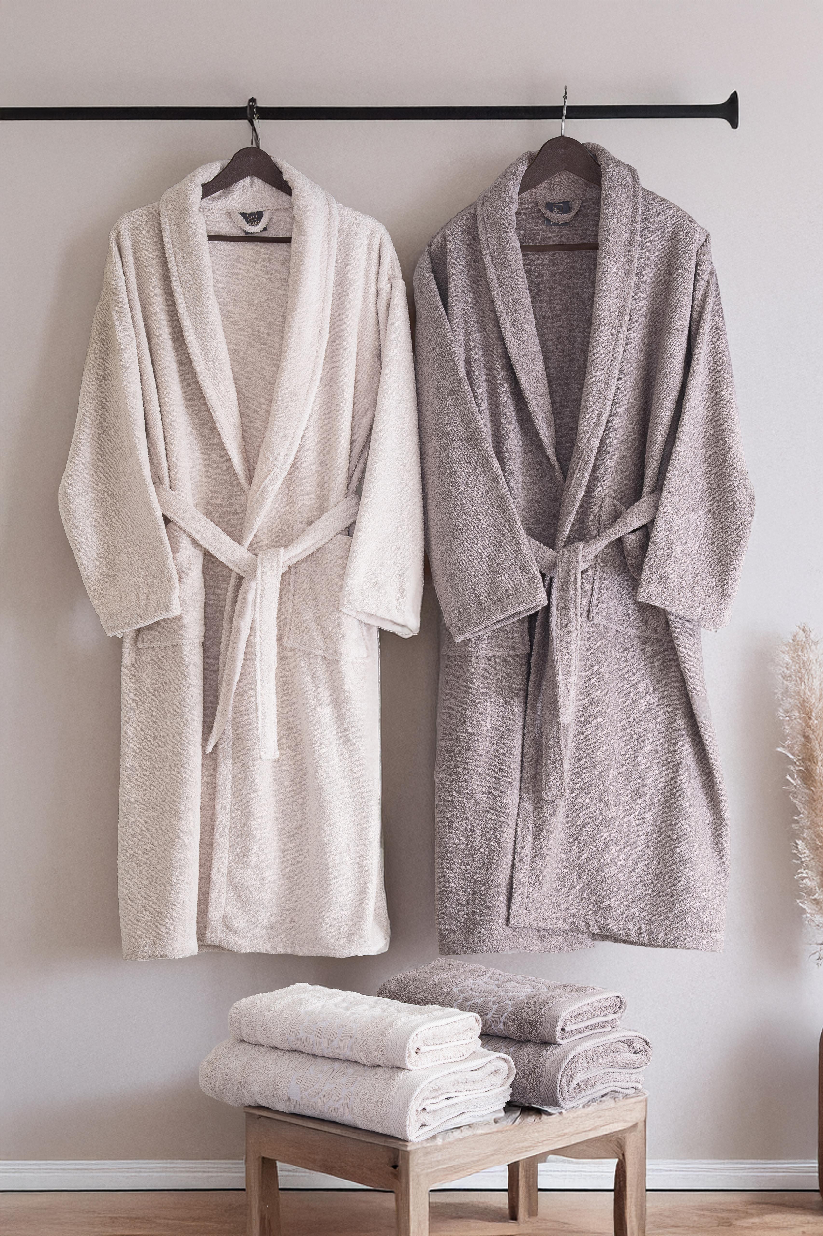 Prestije Jakarlı Taş 6 Parça Aile Bornoz Seti - VİZON-KREM