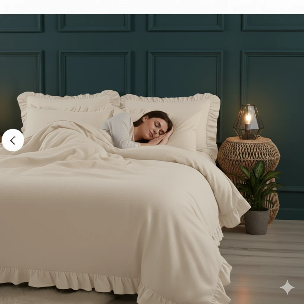 %100 Doğal Pamuk Çift Kişilik Fırfırlı Nevresim Seti 200x220 cm - cappuccino