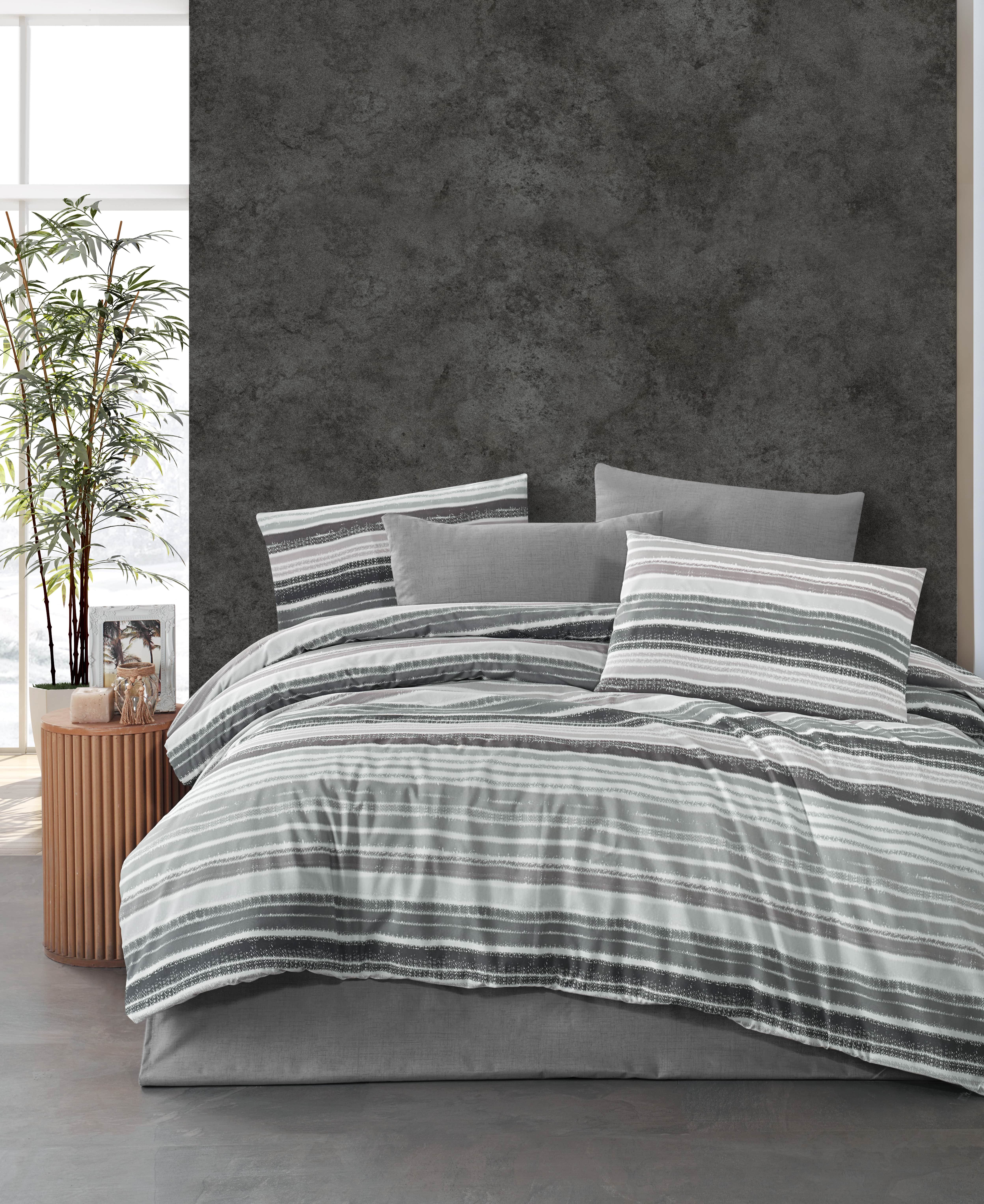 Tek Kişilik Ranforce Pamuklu Lastikli Çarşaflı Nevresim Takımı - Tasel Gri