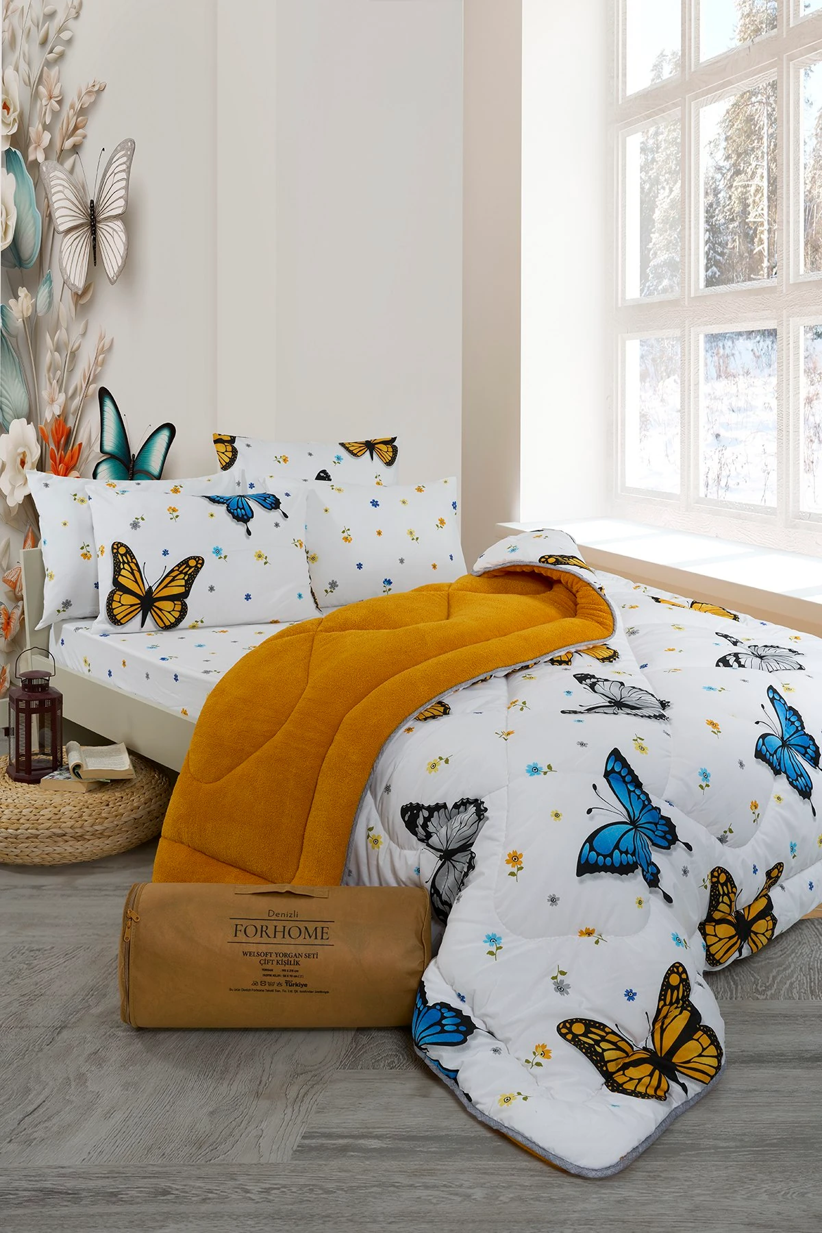 Çift Kişilik Uyku Seti Welsoft Uyku Seti  Çift Taraflı  Lüx Welsoft Yorgan ve  Battal Lastikli Çarşaflı - KELEBEK HARDAL