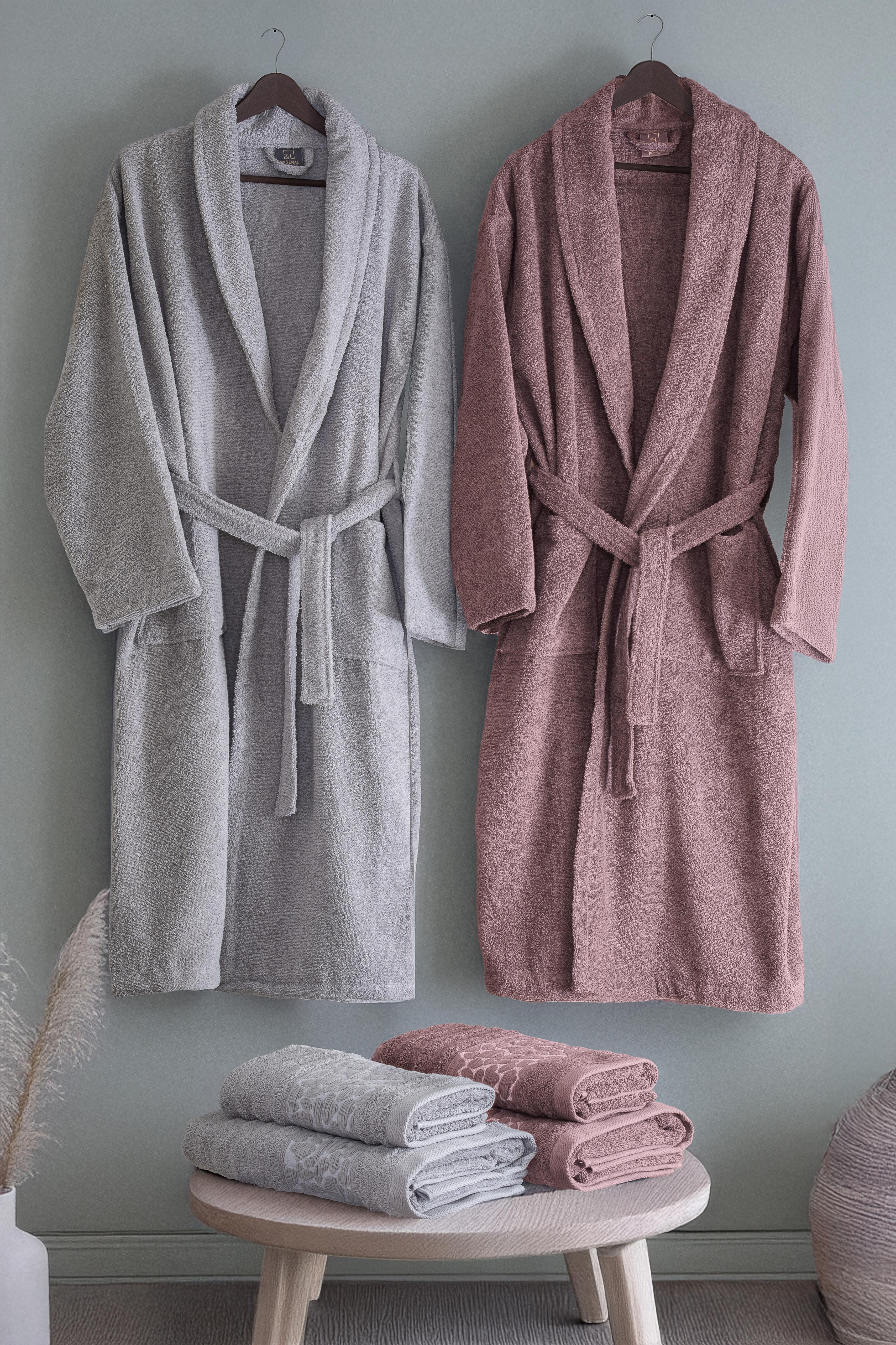 Prestije Jakarlı Taş 6 Parça Aile Bornoz Seti - PUDRA-GRİ