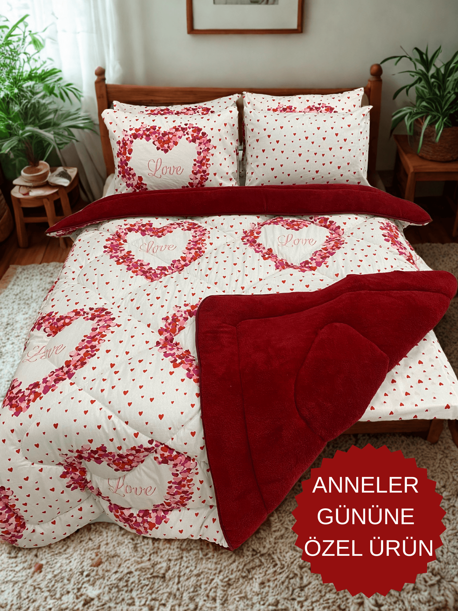 Çift Kişilik Welsoft Uyku Seti  Çift Taraflı Çarşafı Lastikli Lüx Welsoft Yorgan - LOVE BORDO
