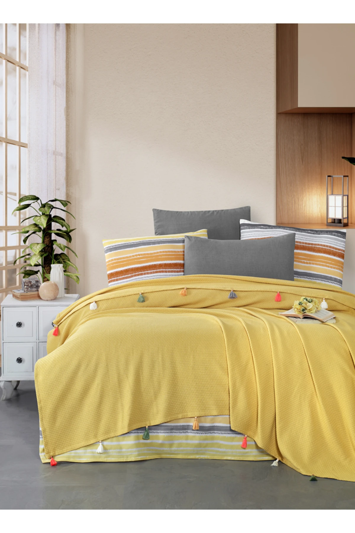 Çift Kişilik Püsküllü Çeyizlik Pike Takımı 4 Parça Pike Seti - hardal