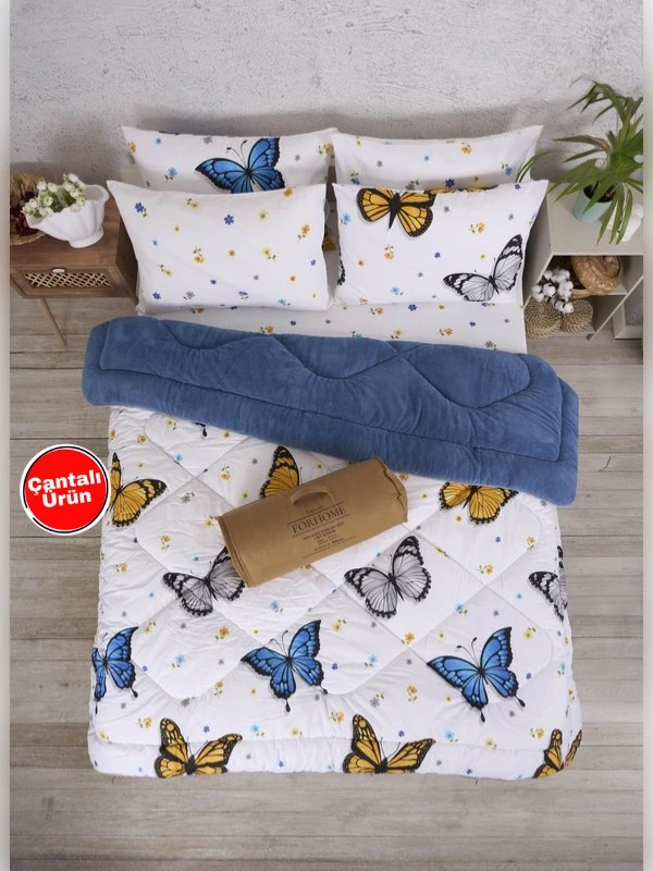 Çift Kişilik Uyku Seti Welsoft Uyku Seti  Çift Taraflı  Lüx Welsoft Yorgan ve  Battal Lastikli Çarşaflı - KELEBEK İNDİGO