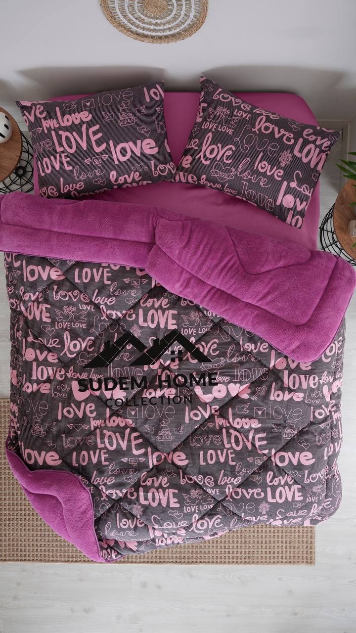 Çift Kişilik Çift Taraflı Welsoft Yorgan ve 2 Yastık Kılıfı Pofuduk Yumuşak Yorgan 195 x 215 cm - mürdüm love