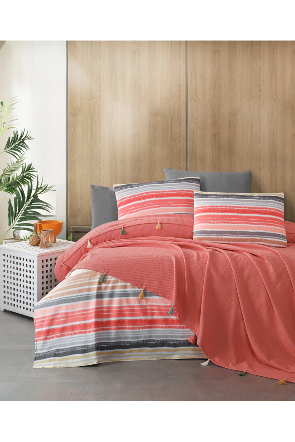 Çift Kişilik Püsküllü Çeyizlik Pike Takımı 4 Parça Pike Seti - kiremit