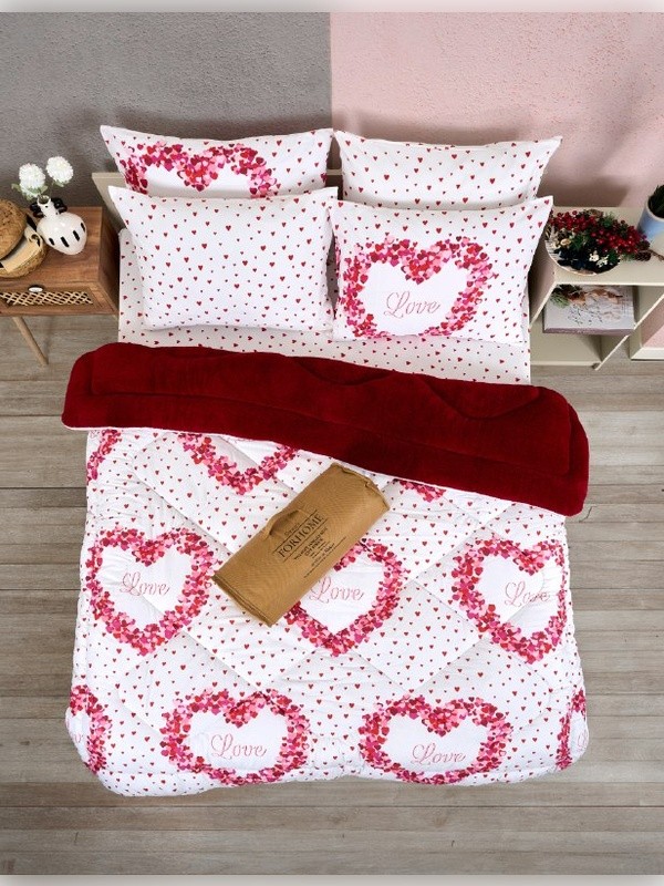Çift Kişilik  Welsoft Uyku Seti  Çift Taraflı  Lüx Welsoft Yorgan ve  Battal Lastikli Çarşaflı - LOVE BORDO