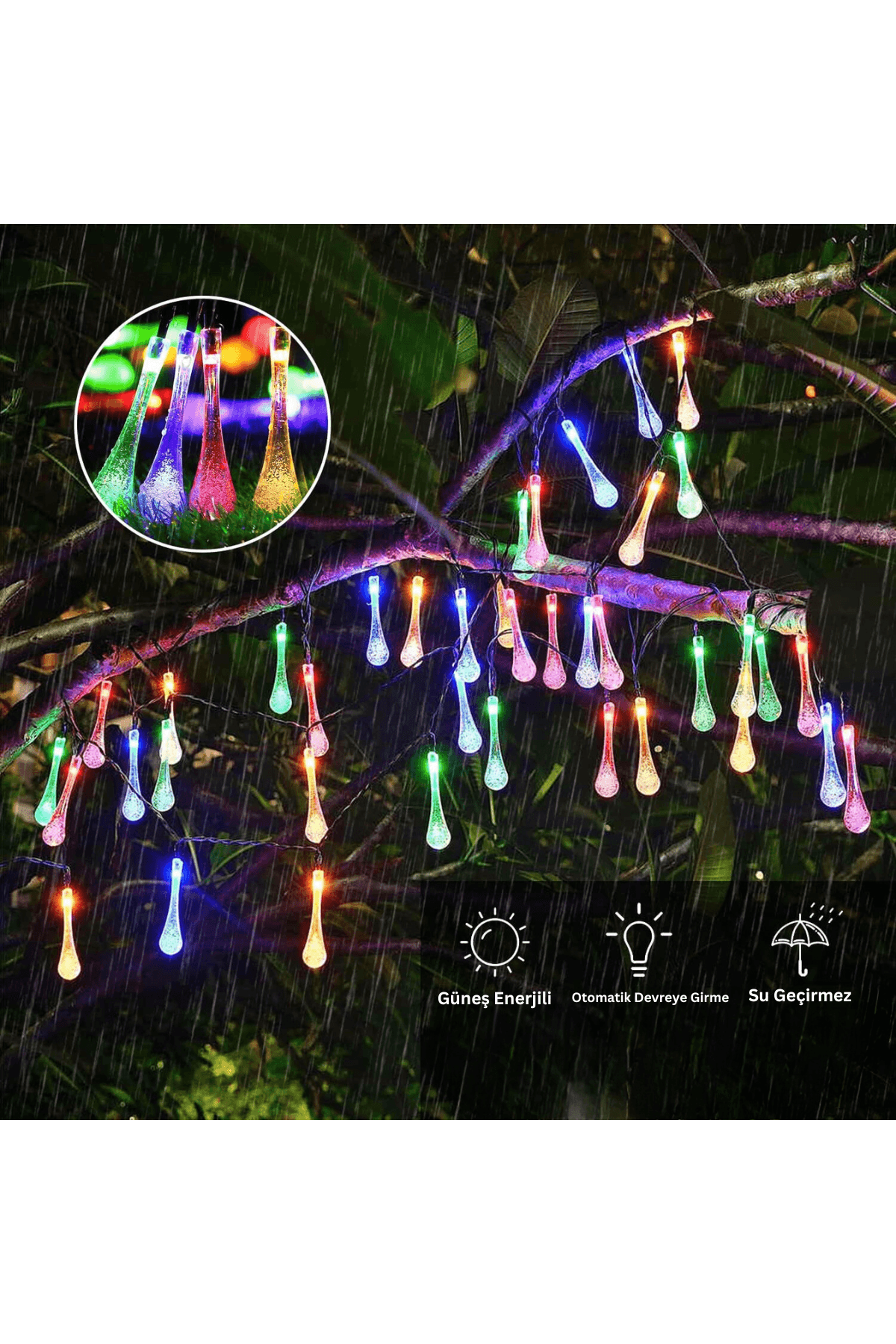 Solar Su Damlası Işık Zinciri 20 LED | 5 Metre 7 Mod RGB / Gün Işığı