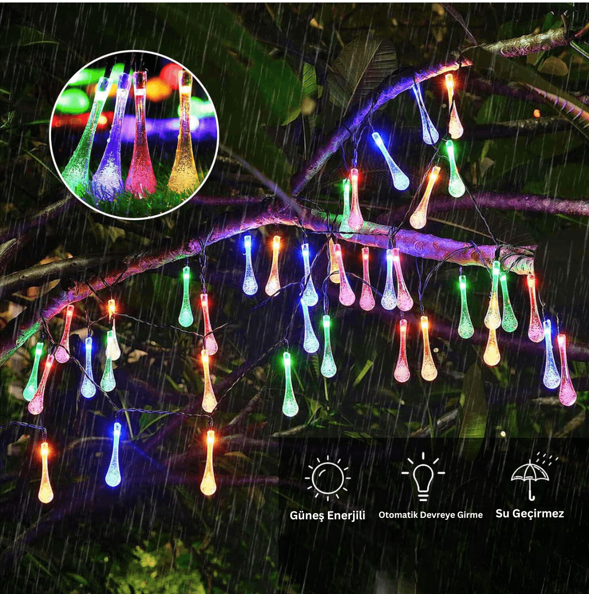 Solar Su Damlası Işık Zinciri 20 LED | 5 Metre 7 Mod RGB / Gün Işığı